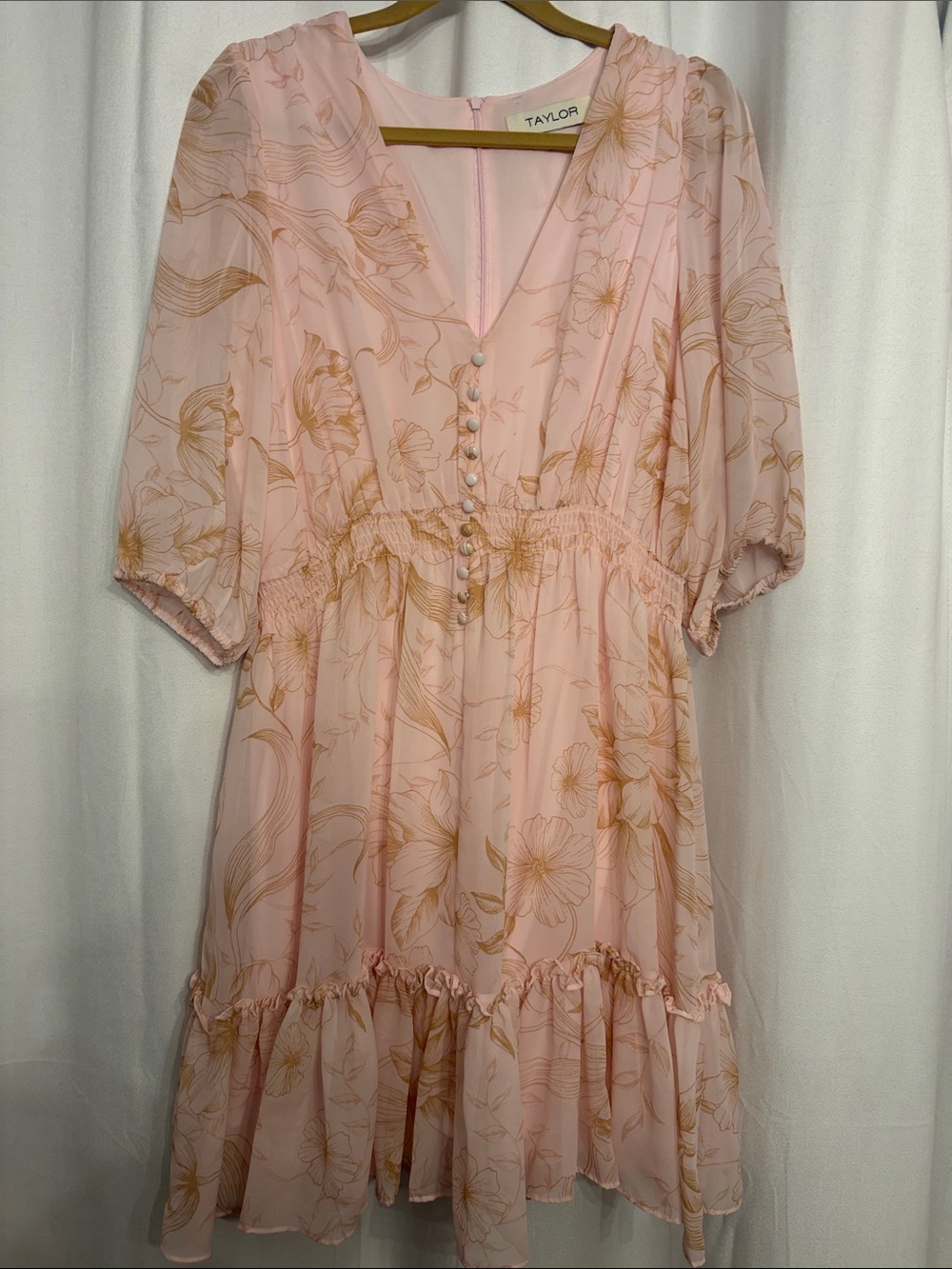 Taylor Blush Pink Floral Mini Dress with Gold Print